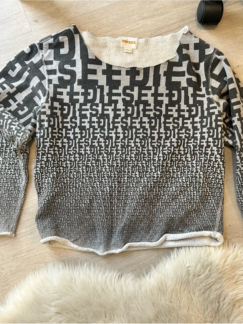 Diesel Light Gray & Black Logo-Print Off the Shoulder Sweatshirt